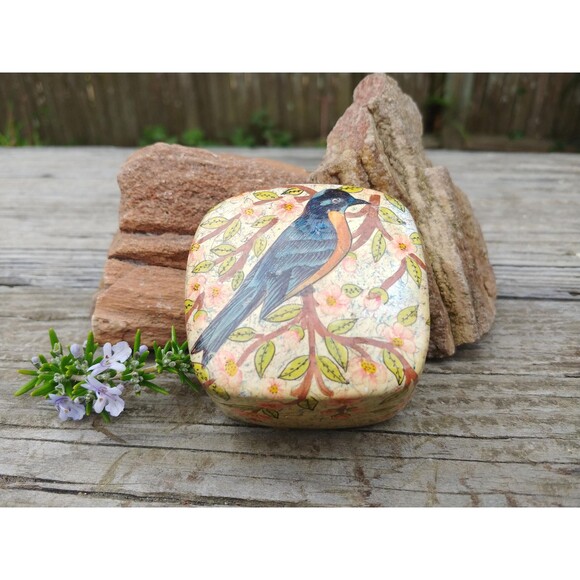 Vintage Bluebird Kashmir Paper Mâché Jewelry Box // India Folk Art Collectable - Picture 1 of 10